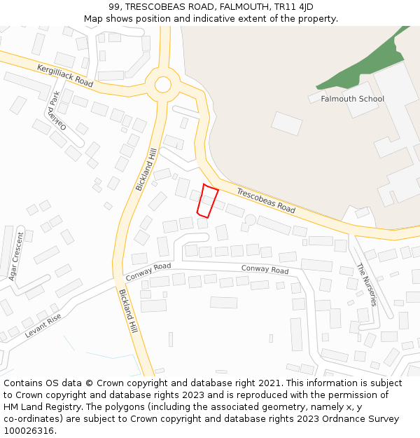 99, TRESCOBEAS ROAD, FALMOUTH, TR11 4JD: Location map and indicative extent of plot