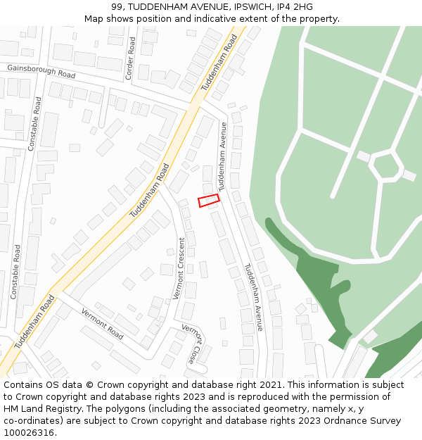99, TUDDENHAM AVENUE, IPSWICH, IP4 2HG: Location map and indicative extent of plot