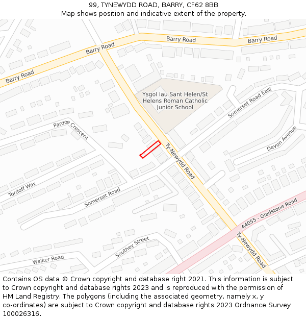 99, TYNEWYDD ROAD, BARRY, CF62 8BB: Location map and indicative extent of plot