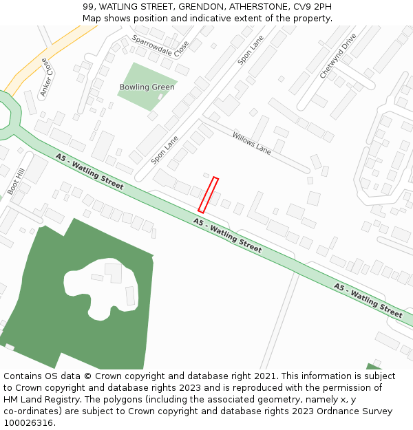 99, WATLING STREET, GRENDON, ATHERSTONE, CV9 2PH: Location map and indicative extent of plot