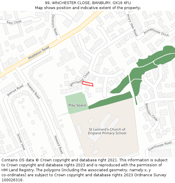 99, WINCHESTER CLOSE, BANBURY, OX16 4FU: Location map and indicative extent of plot