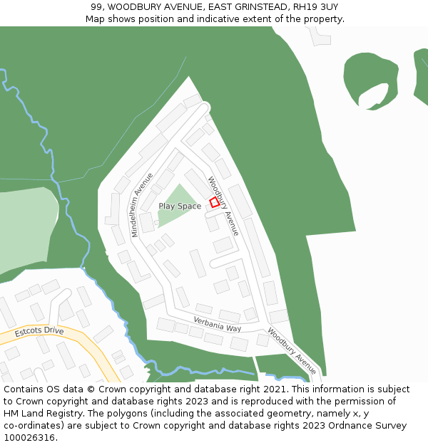 99, WOODBURY AVENUE, EAST GRINSTEAD, RH19 3UY: Location map and indicative extent of plot