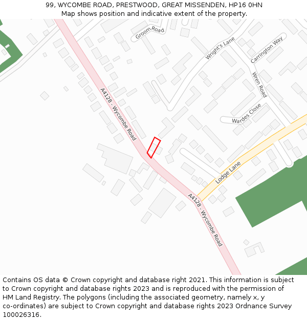 99, WYCOMBE ROAD, PRESTWOOD, GREAT MISSENDEN, HP16 0HN: Location map and indicative extent of plot