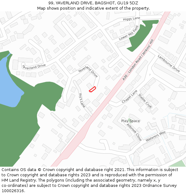 99, YAVERLAND DRIVE, BAGSHOT, GU19 5DZ: Location map and indicative extent of plot