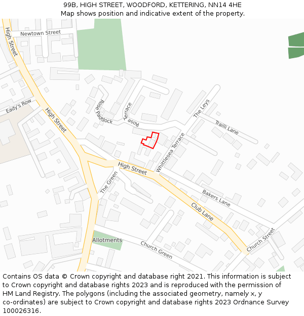 99B, HIGH STREET, WOODFORD, KETTERING, NN14 4HE: Location map and indicative extent of plot