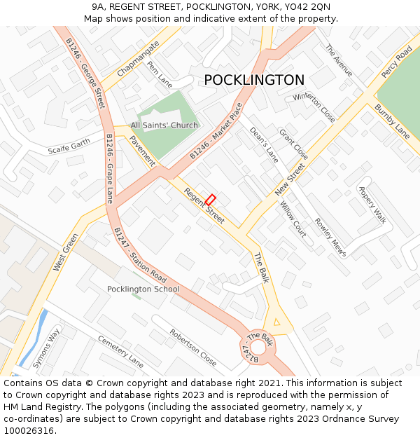 9A, REGENT STREET, POCKLINGTON, YORK, YO42 2QN: Location map and indicative extent of plot