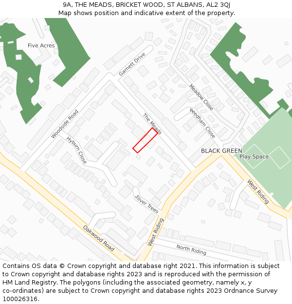 9A, THE MEADS, BRICKET WOOD, ST ALBANS, AL2 3QJ: Location map and indicative extent of plot