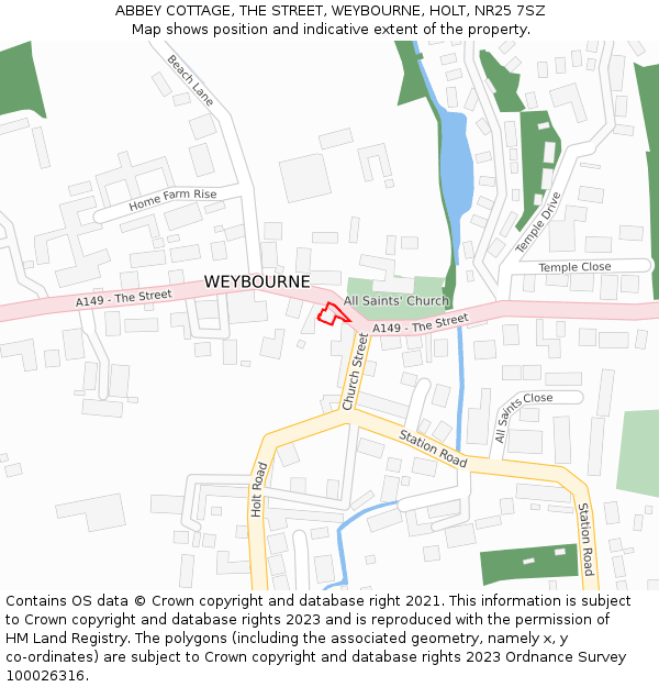 ABBEY COTTAGE, THE STREET, WEYBOURNE, HOLT, NR25 7SZ: Location map and indicative extent of plot