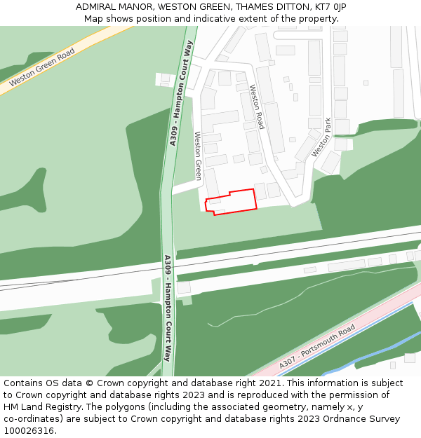 ADMIRAL MANOR, WESTON GREEN, THAMES DITTON, KT7 0JP: Location map and indicative extent of plot