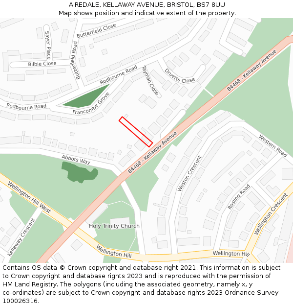 AIREDALE, KELLAWAY AVENUE, BRISTOL, BS7 8UU: Location map and indicative extent of plot