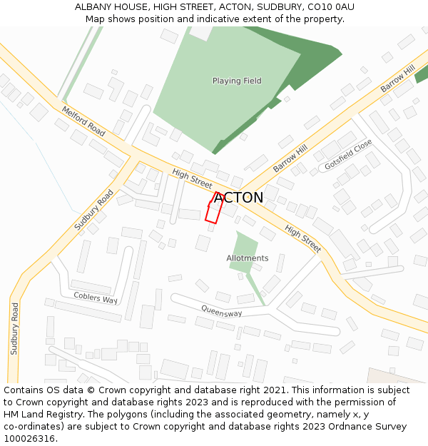 ALBANY HOUSE, HIGH STREET, ACTON, SUDBURY, CO10 0AU: Location map and indicative extent of plot