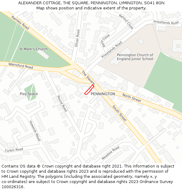 ALEXANDER COTTAGE, THE SQUARE, PENNINGTON, LYMINGTON, SO41 8GN: Location map and indicative extent of plot