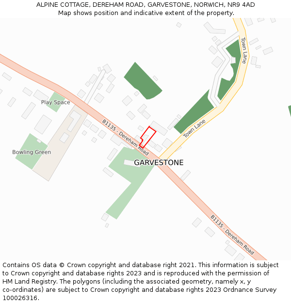 ALPINE COTTAGE, DEREHAM ROAD, GARVESTONE, NORWICH, NR9 4AD: Location map and indicative extent of plot