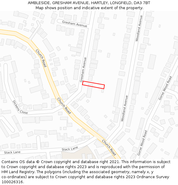 AMBLESIDE, GRESHAM AVENUE, HARTLEY, LONGFIELD, DA3 7BT: Location map and indicative extent of plot