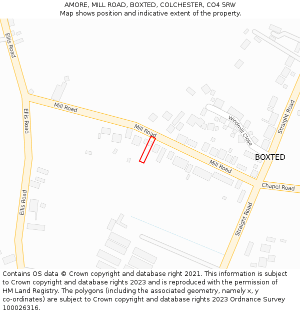 AMORE, MILL ROAD, BOXTED, COLCHESTER, CO4 5RW: Location map and indicative extent of plot