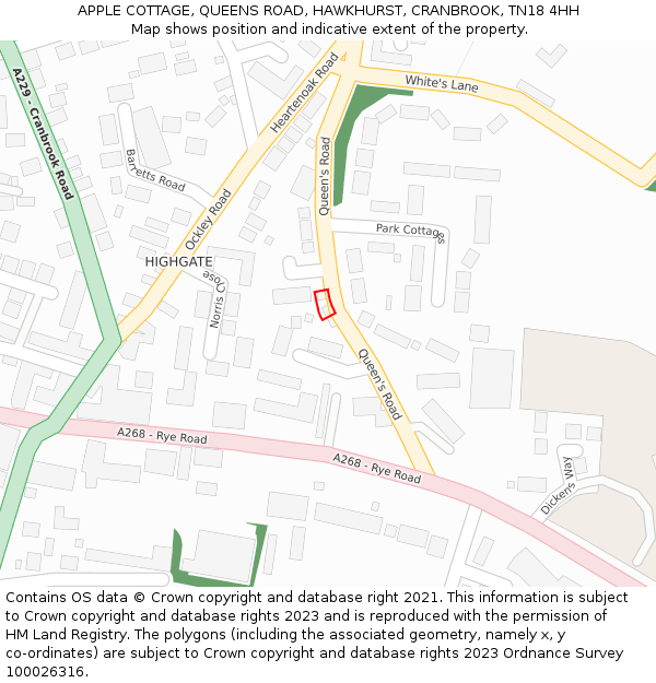 APPLE COTTAGE, QUEENS ROAD, HAWKHURST, CRANBROOK, TN18 4HH: Location map and indicative extent of plot
