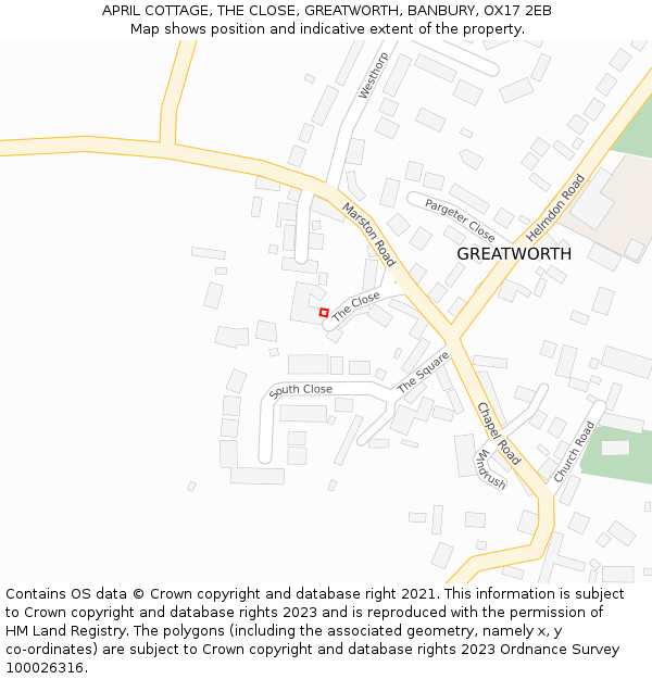 APRIL COTTAGE, THE CLOSE, GREATWORTH, BANBURY, OX17 2EB: Location map and indicative extent of plot