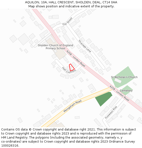 AQUILON, 10A, HALL CRESCENT, SHOLDEN, DEAL, CT14 0AA: Location map and indicative extent of plot