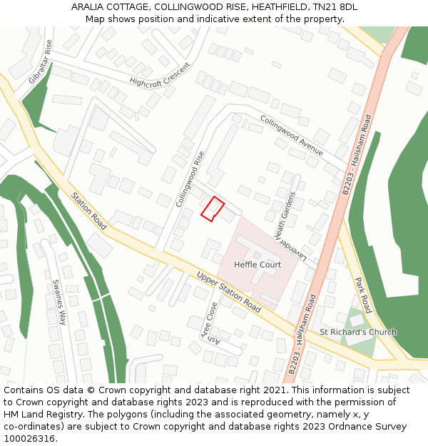 ARALIA COTTAGE, COLLINGWOOD RISE, HEATHFIELD, TN21 8DL: Location map and indicative extent of plot