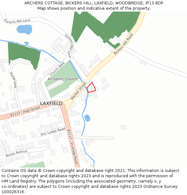 ARCHERS COTTAGE, BICKERS HILL, LAXFIELD, WOODBRIDGE, IP13 8DP: Location map and indicative extent of plot