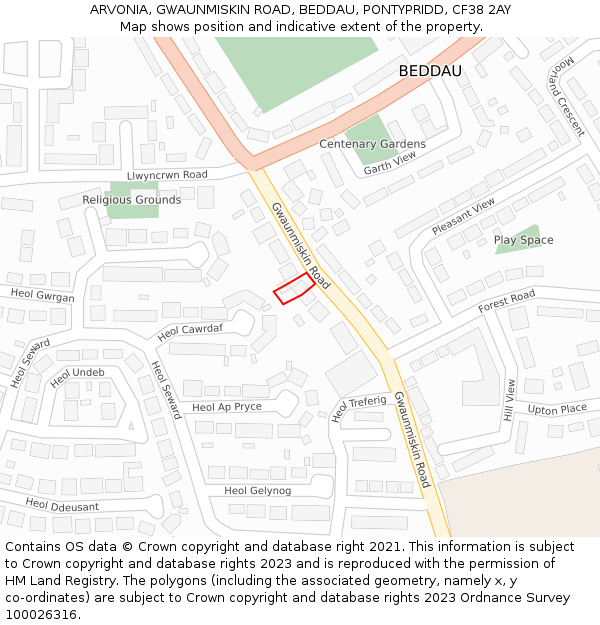 ARVONIA, GWAUNMISKIN ROAD, BEDDAU, PONTYPRIDD, CF38 2AY: Location map and indicative extent of plot