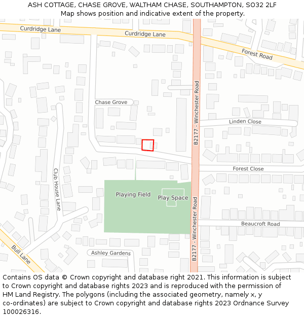 ASH COTTAGE, CHASE GROVE, WALTHAM CHASE, SOUTHAMPTON, SO32 2LF: Location map and indicative extent of plot