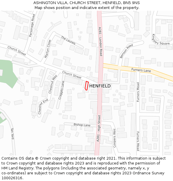 ASHINGTON VILLA, CHURCH STREET, HENFIELD, BN5 9NS: Location map and indicative extent of plot