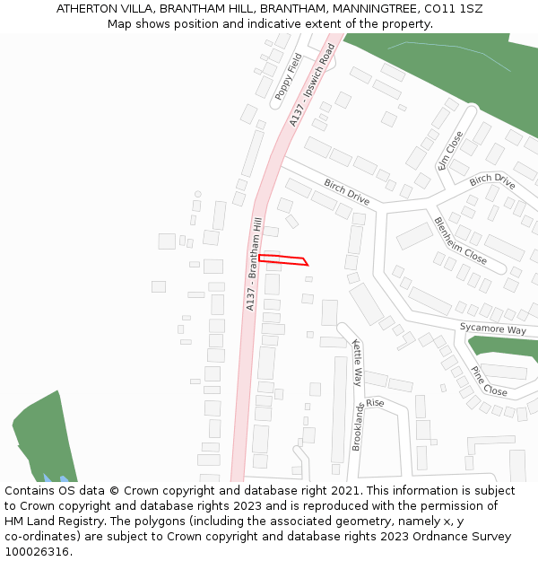 ATHERTON VILLA, BRANTHAM HILL, BRANTHAM, MANNINGTREE, CO11 1SZ: Location map and indicative extent of plot