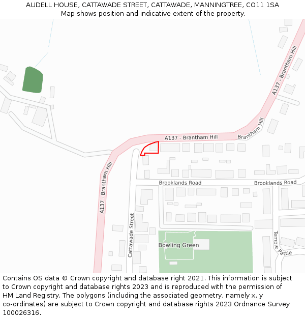 AUDELL HOUSE, CATTAWADE STREET, CATTAWADE, MANNINGTREE, CO11 1SA: Location map and indicative extent of plot