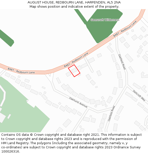 AUGUST HOUSE, REDBOURN LANE, HARPENDEN, AL5 2NA: Location map and indicative extent of plot