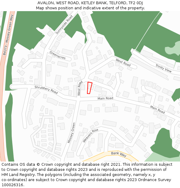 AVALON, WEST ROAD, KETLEY BANK, TELFORD, TF2 0DJ: Location map and indicative extent of plot