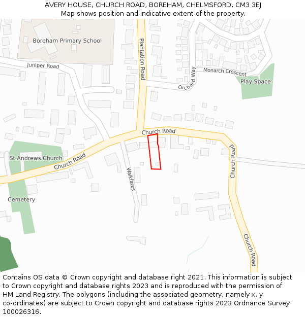 AVERY HOUSE, CHURCH ROAD, BOREHAM, CHELMSFORD, CM3 3EJ: Location map and indicative extent of plot