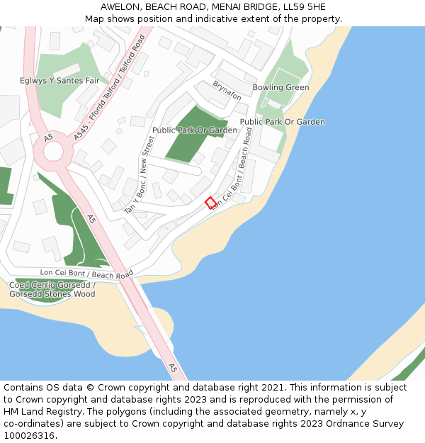 AWELON, BEACH ROAD, MENAI BRIDGE, LL59 5HE: Location map and indicative extent of plot