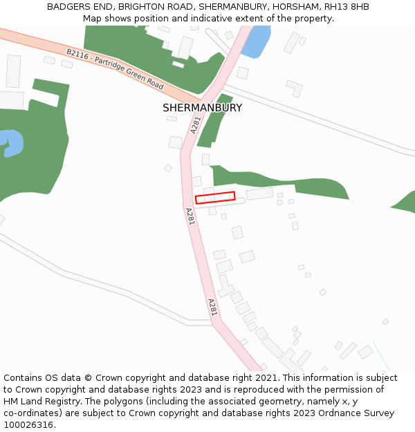 BADGERS END, BRIGHTON ROAD, SHERMANBURY, HORSHAM, RH13 8HB: Location map and indicative extent of plot