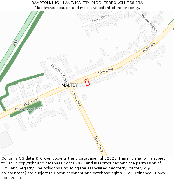 BAMPTON, HIGH LANE, MALTBY, MIDDLESBROUGH, TS8 0BA: Location map and indicative extent of plot