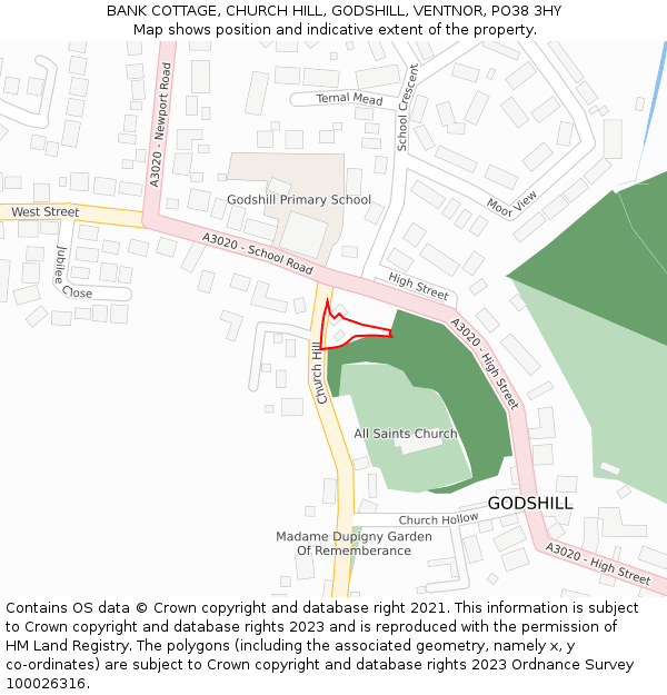 BANK COTTAGE, CHURCH HILL, GODSHILL, VENTNOR, PO38 3HY: Location map and indicative extent of plot