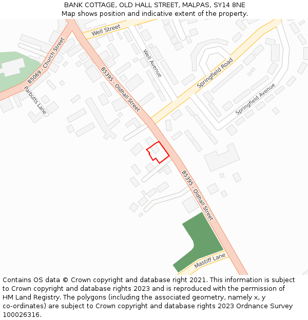 BANK COTTAGE, OLD HALL STREET, MALPAS, SY14 8NE: Location map and indicative extent of plot