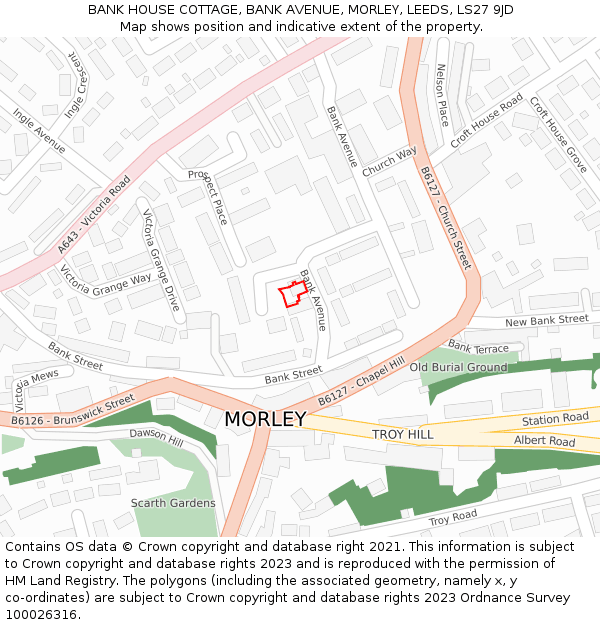 BANK HOUSE COTTAGE, BANK AVENUE, MORLEY, LEEDS, LS27 9JD: Location map and indicative extent of plot