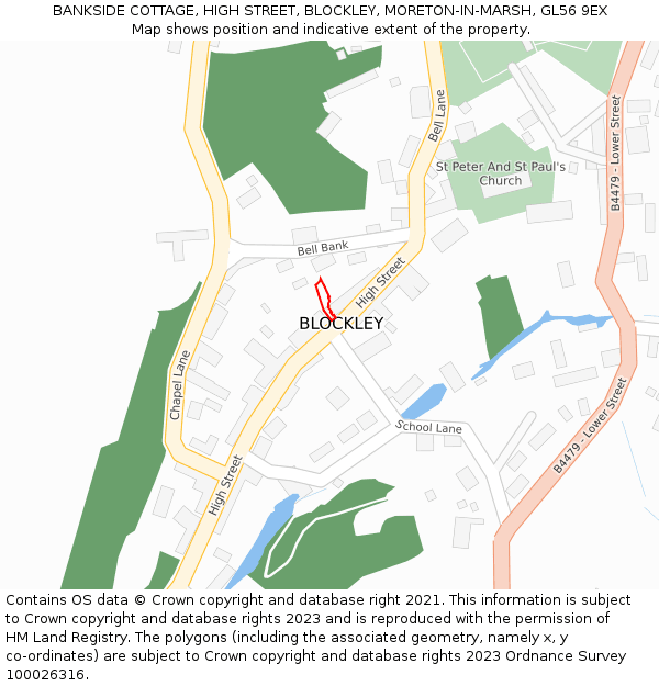 BANKSIDE COTTAGE, HIGH STREET, BLOCKLEY, MORETON-IN-MARSH, GL56 9EX: Location map and indicative extent of plot