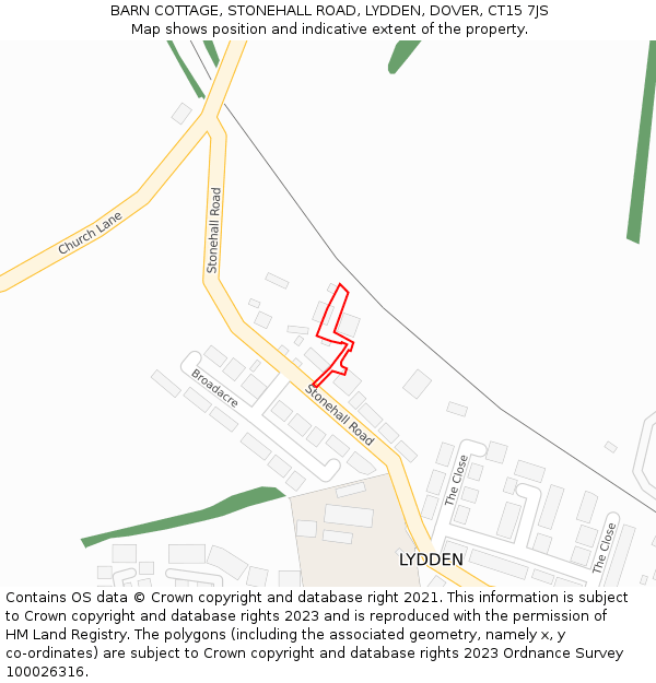 BARN COTTAGE, STONEHALL ROAD, LYDDEN, DOVER, CT15 7JS: Location map and indicative extent of plot