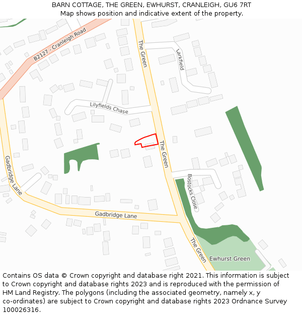 BARN COTTAGE, THE GREEN, EWHURST, CRANLEIGH, GU6 7RT: Location map and indicative extent of plot