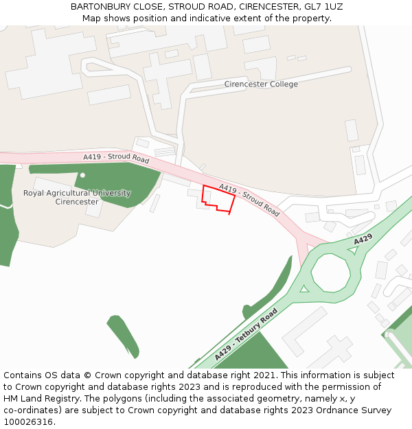 BARTONBURY CLOSE, STROUD ROAD, CIRENCESTER, GL7 1UZ: Location map and indicative extent of plot