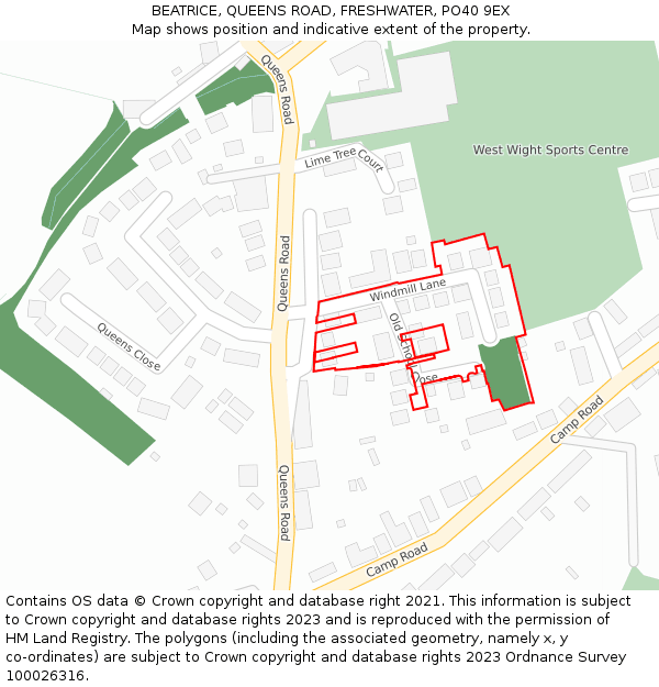 BEATRICE, QUEENS ROAD, FRESHWATER, PO40 9EX: Location map and indicative extent of plot