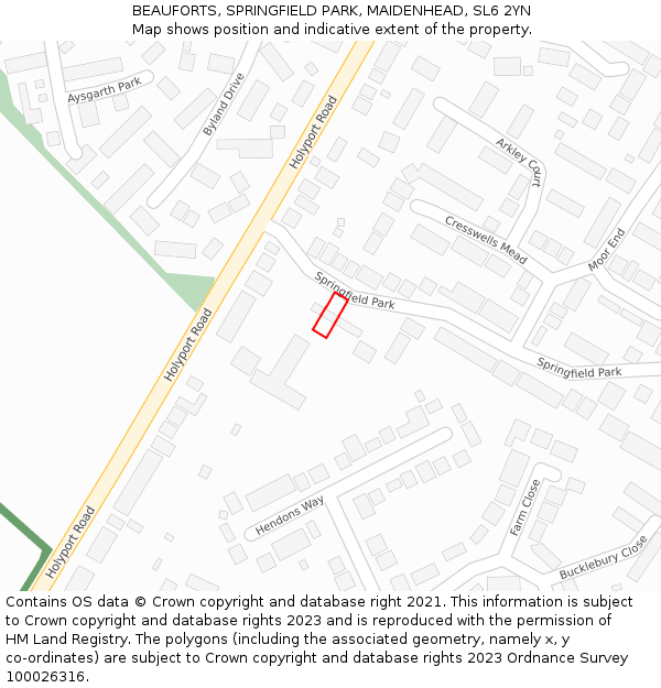 BEAUFORTS, SPRINGFIELD PARK, MAIDENHEAD, SL6 2YN: Location map and indicative extent of plot