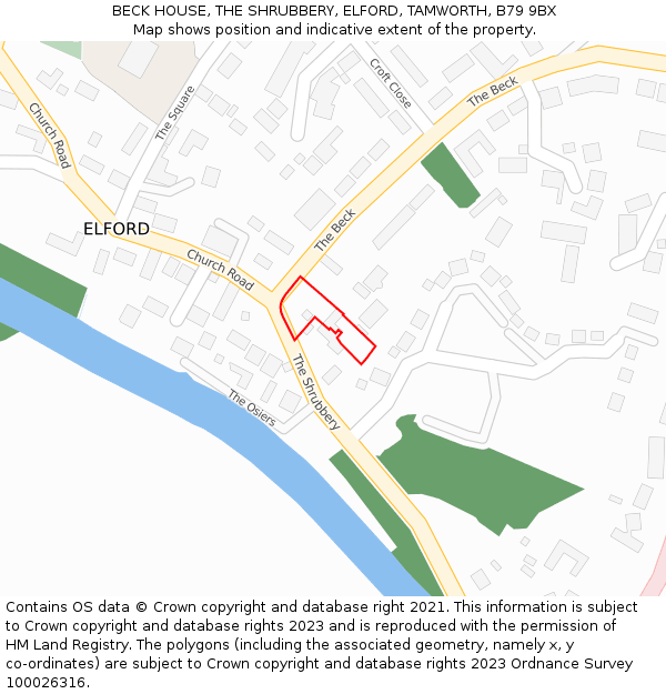 BECK HOUSE, THE SHRUBBERY, ELFORD, TAMWORTH, B79 9BX: Location map and indicative extent of plot