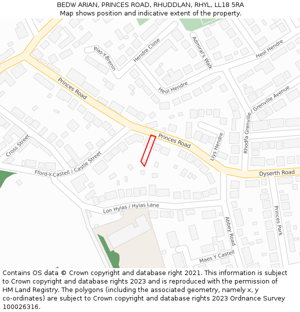 BEDW ARIAN, PRINCES ROAD, RHUDDLAN, RHYL, LL18 5RA: Location map and indicative extent of plot