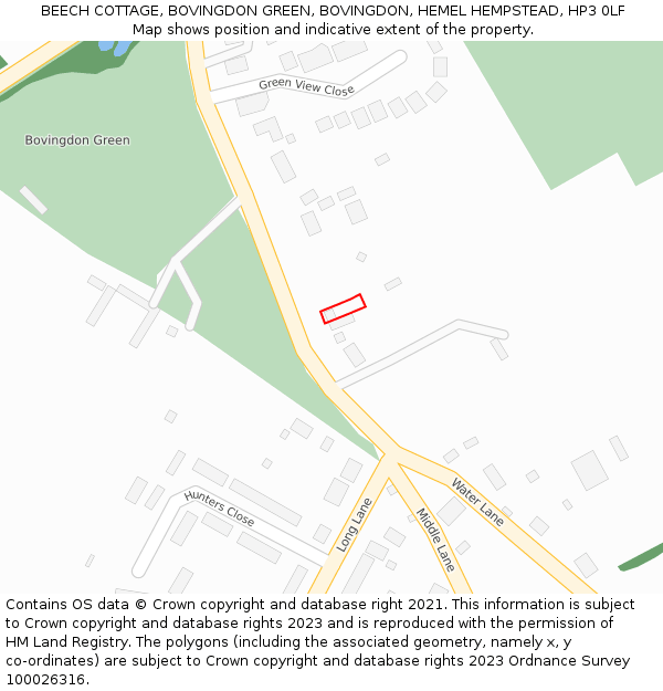 BEECH COTTAGE, BOVINGDON GREEN, BOVINGDON, HEMEL HEMPSTEAD, HP3 0LF: Location map and indicative extent of plot