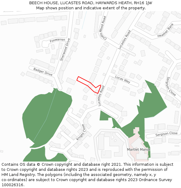 BEECH HOUSE, LUCASTES ROAD, HAYWARDS HEATH, RH16 1JW: Location map and indicative extent of plot