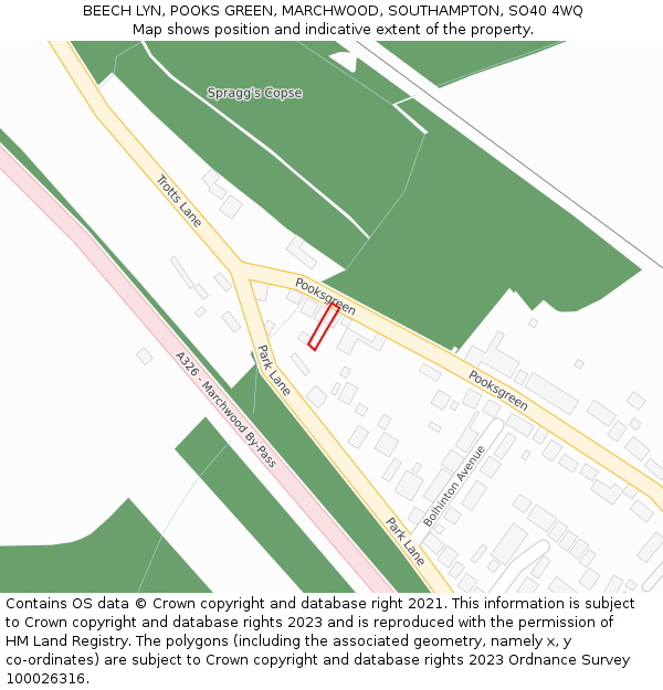 BEECH LYN, POOKS GREEN, MARCHWOOD, SOUTHAMPTON, SO40 4WQ: Location map and indicative extent of plot