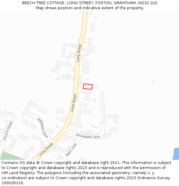 BEECH TREE COTTAGE, LONG STREET, FOSTON, GRANTHAM, NG32 2LD: Location map and indicative extent of plot